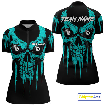 Turquoise Grunge Skull Billiard Jersey For Women Custom 8 Ball Pool Billiard Shirt Polo & 1/4 Zip TDM5074