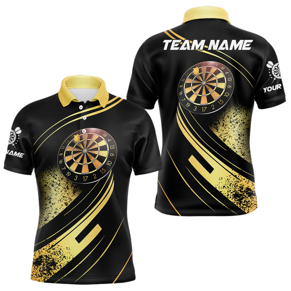 Personalized Gradient Gold And Black Darts Polo, Quarter Zip Custom Dart Shirts For Men Dart Jersey TDM3642