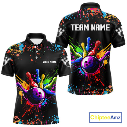 Colorful bowling shirt with splashes and a bowling ball design, customizable text on a blackground.
