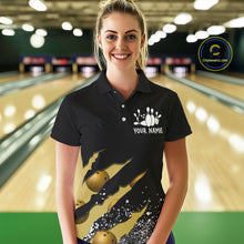 Load image into Gallery viewer, Woman wearing a yellow black grunge scratch bowling polo shirt front view, custom bowling league jersey for women.