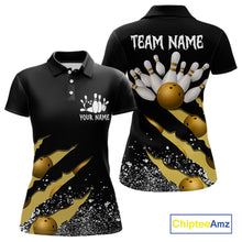 Load image into Gallery viewer, Yellow black grunge scratch custom bowling polo shirt for women, personalized bowling team jersey for league tournaments.