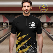 Load image into Gallery viewer, Man wearing a yellow black grunge scratch quarter zip bowling shirt front view, personalized bowling team apparel.
