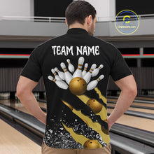 Load image into Gallery viewer, Back view of man wearing a yellow black grunge scratch quarter zip bowling shirt, bowling league team uniform.