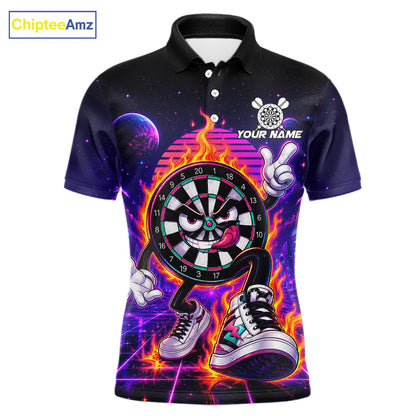 Personalized Funny Flame Dartboard Neon Darts Polo Shirt Featuring a Glowing Dartboard Design for Dart League Players, Team Competition, and Tournament Events