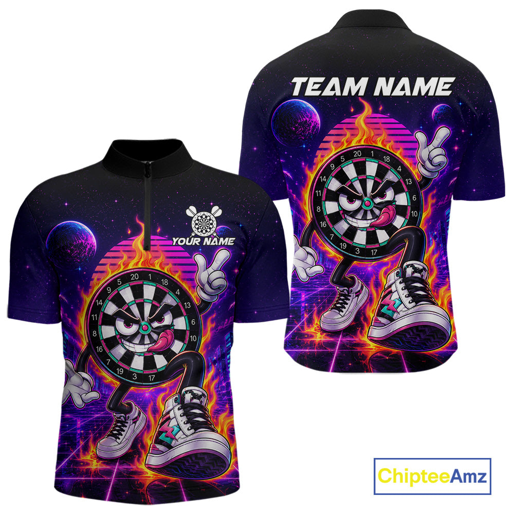 Personalized Funny Flame Dartboard Neon Quarter Zip Darts Shirt Created for Competitive Dart League Teams with Performance Fabric and Custom Tournament Jersey Design