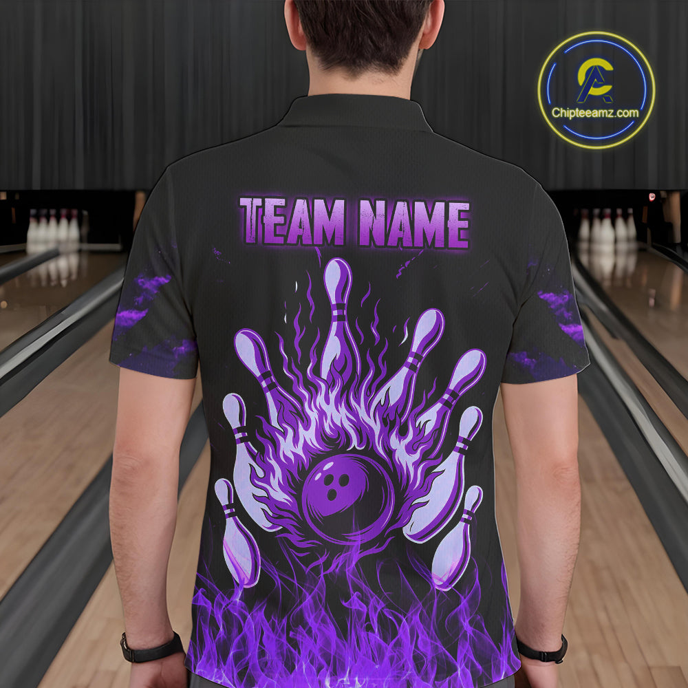 Purple Flaming American Flag Skull Bowling Shirt For Men Custom Fire Bowling Team Jersey TDM4657