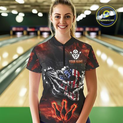 Red Flaming American Flag Skull Bowling Shirt For Women Custom Fire Bowling Team Jersey TDM4658
