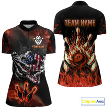 Load image into Gallery viewer, Red Flaming American Flag Skull Bowling Shirt For Women Custom Fire Bowling Team Jersey TDM4658