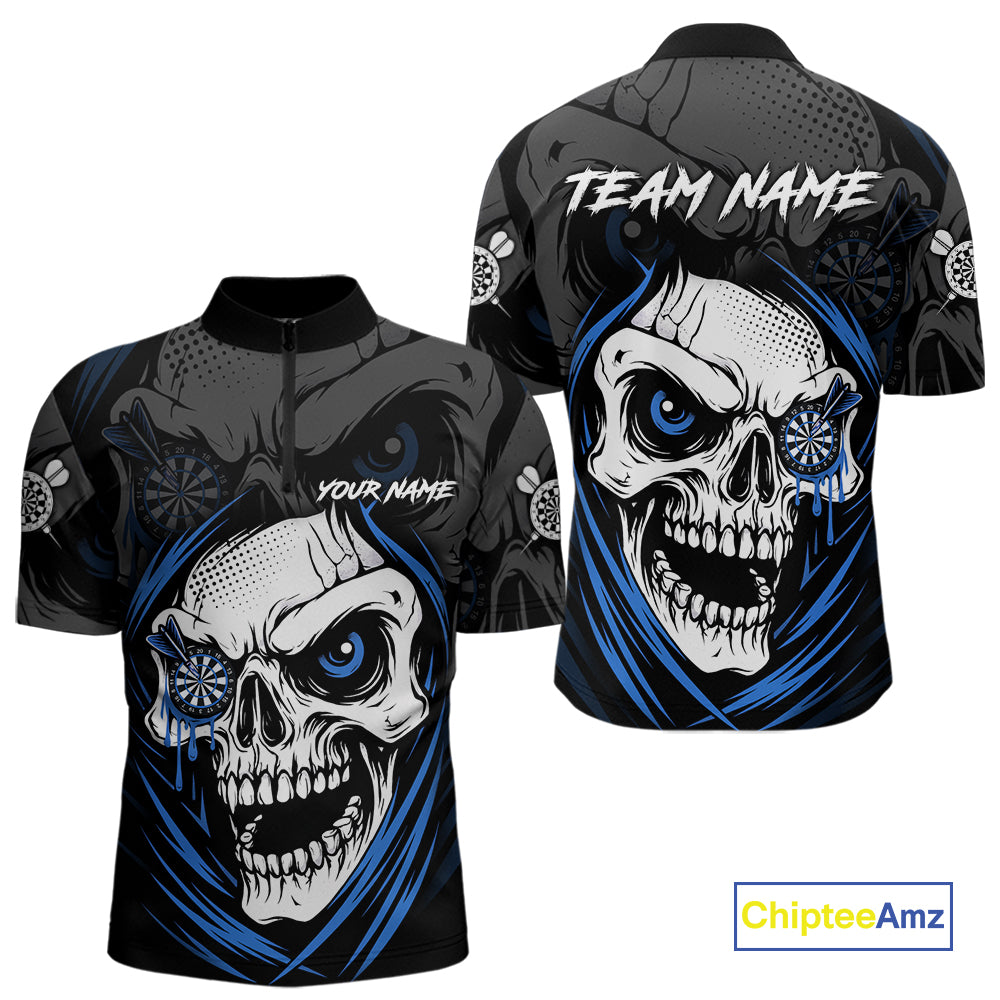 Personalized Funny Skull Darts Shirts For Men Custom Darts Jersey Team Polo & Quarter Zip |Blue TDM5296