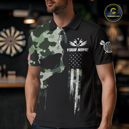 Green Camouflage Skull Darts Shirt For Men Custom Patriotic US Flag Darts Jersey Polo & 1/4 Zip TDM5300
