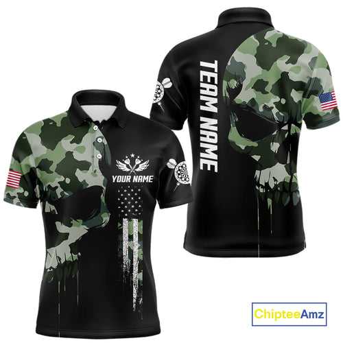 Green Camouflage Skull Darts Shirt For Men Custom Patriotic US Flag Darts Jersey Polo & 1/4 Zip TDM5300