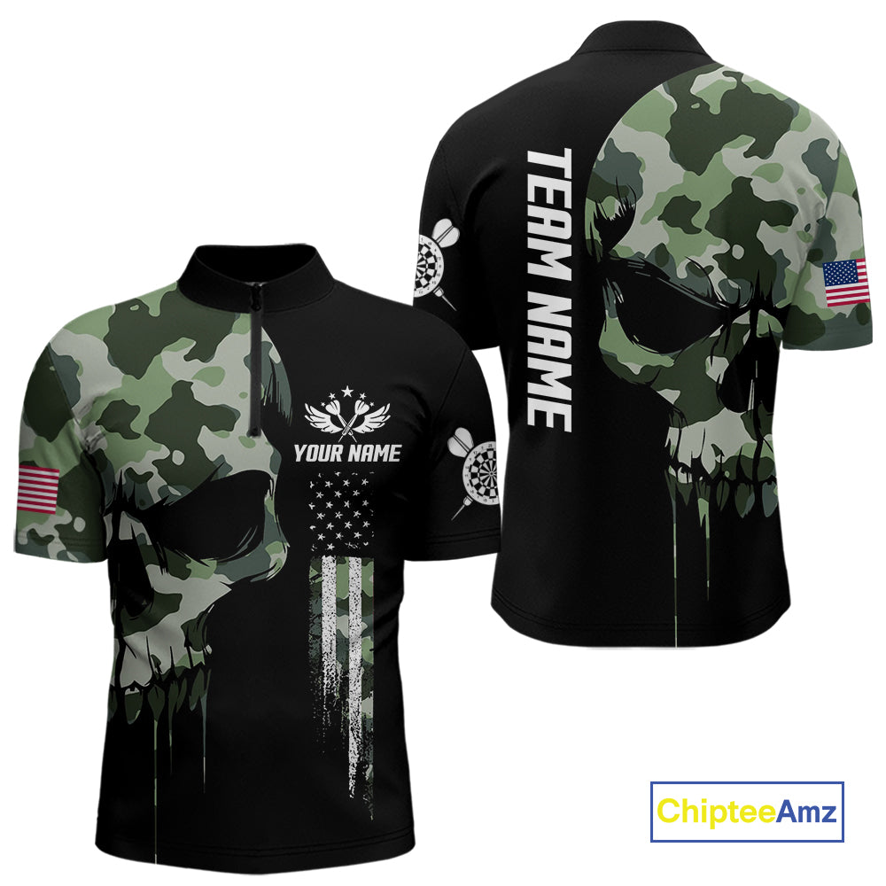 Green Camouflage Skull Darts Shirt For Men Custom Patriotic US Flag Darts Jersey Polo & 1/4 Zip TDM5300
