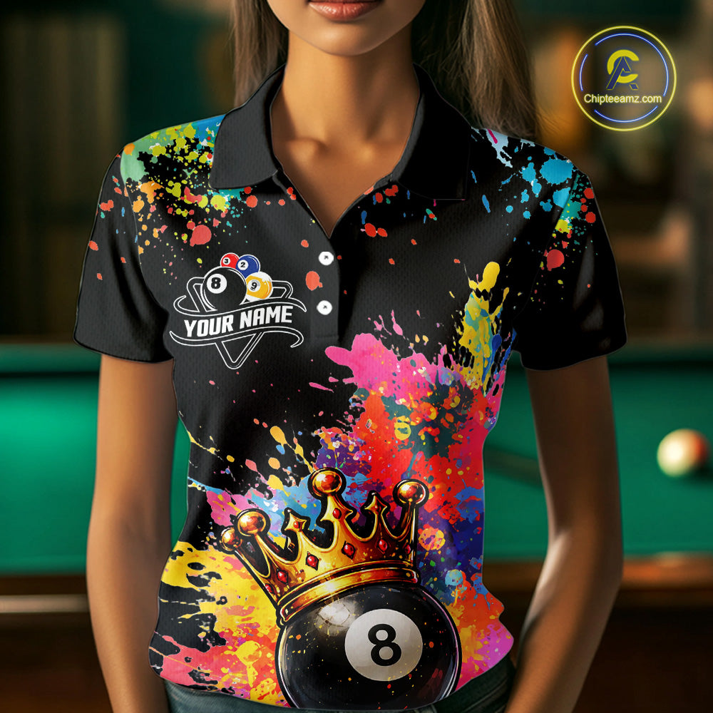 Colorful 8 Ball Crown Aim Shoot Swear Repeat Billiard Shirt For Women Custom Pool Team Jersey|Black TDM5796