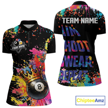 Colorful 8 Ball Crown Aim Shoot Swear Repeat Billiard Shirt For Women Custom Pool Team Jersey|Black TDM5796