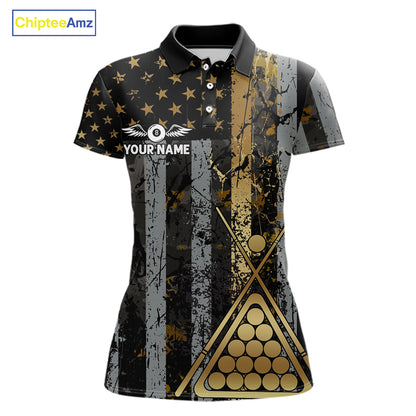 Custom Golden Grunge US Flag Patriotic Women's Billiard Shirt, 8 Ball Pool Jersey Polo & 1/4 Zip TDM6176