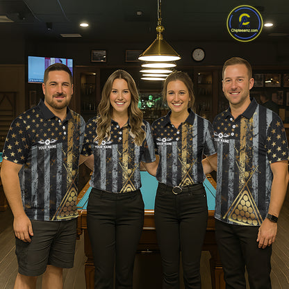 Custom Golden Grunge US Flag Patriotic Men's Billiard Shirt, 8 Ball Pool Jersey Polo & 1/4 Zip TDM6176