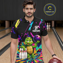 Load image into Gallery viewer, Man wearing a colorful bowling-themed shirt with a turtle graphic in a bowling alley.