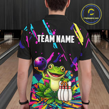 Load image into Gallery viewer, Person wearing a black bowling shirt with colorful design and frog graphic in a bowling alley.