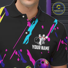 Load image into Gallery viewer, Black bowling polo shirt with colorful designs and a frog graphic, featuring 'Your Name' text, on a dark background.