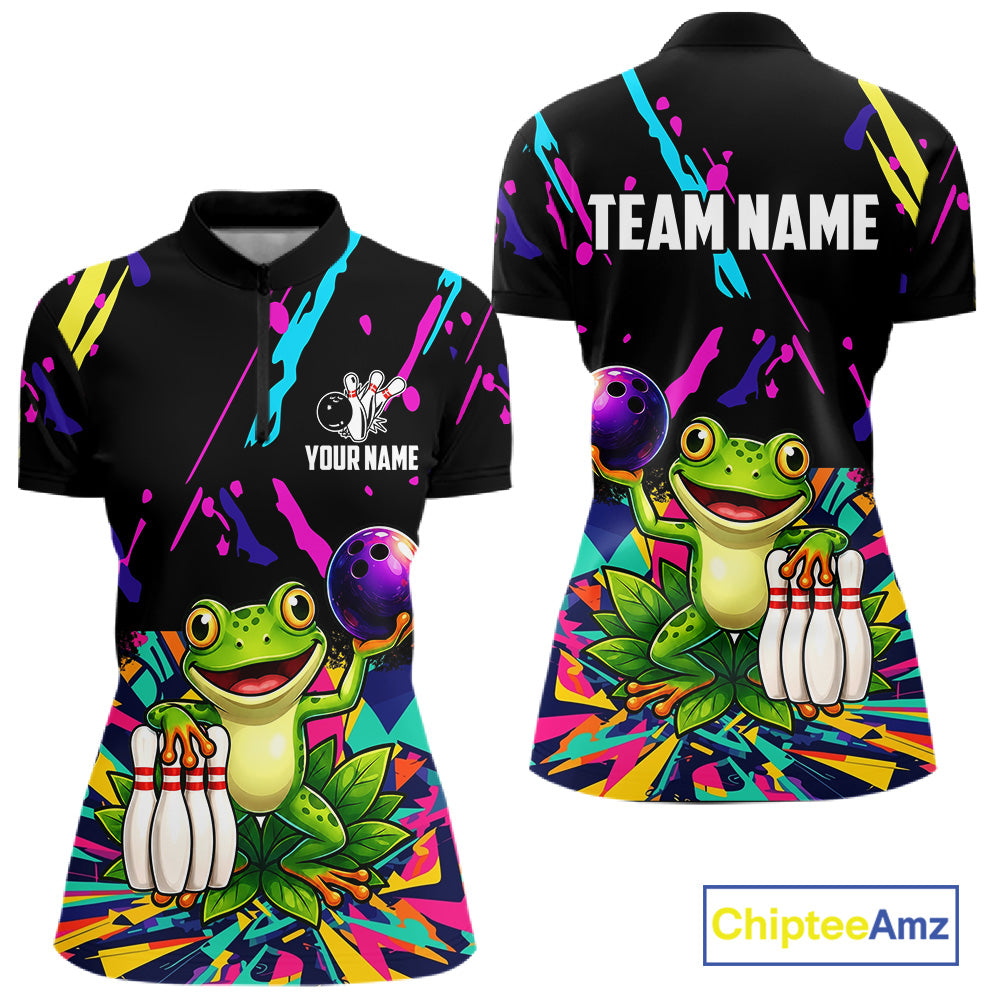 Colorful bowling quarter zip shirt with frog design and customizable your name & team name