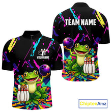 Load image into Gallery viewer, Colorful bowling quarter zip shirt with  frog design and customizable your name &amp; team name