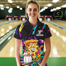 Load image into Gallery viewer, Woman wearing a colorful bowling-themed shirt with a pizza graphic in a bowling alley.