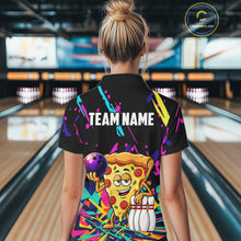 Load image into Gallery viewer, Person wearing a colorful bowling-themed shirt with a pizza design in a bowling alley.