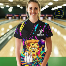 Load image into Gallery viewer, Person wearing a black bowling shirt with colorful design and pizza graphic in a bowling alley.