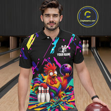 Load image into Gallery viewer, Man wearing a colorful bowling-themed shirt with a  chicken graphic in a bowling alley.