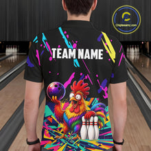 Load image into Gallery viewer, Person wearing a black bowling shirt with colorful design and  chicken graphic in a bowling alley.