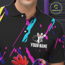 Load image into Gallery viewer, Black polo shirt with colorful designs and a bowling graphic, featuring 'Your Name' text, on a dark background.