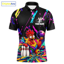 Load image into Gallery viewer, Colorful bowling polo shirt with chicken design and customizable your name &amp; team name