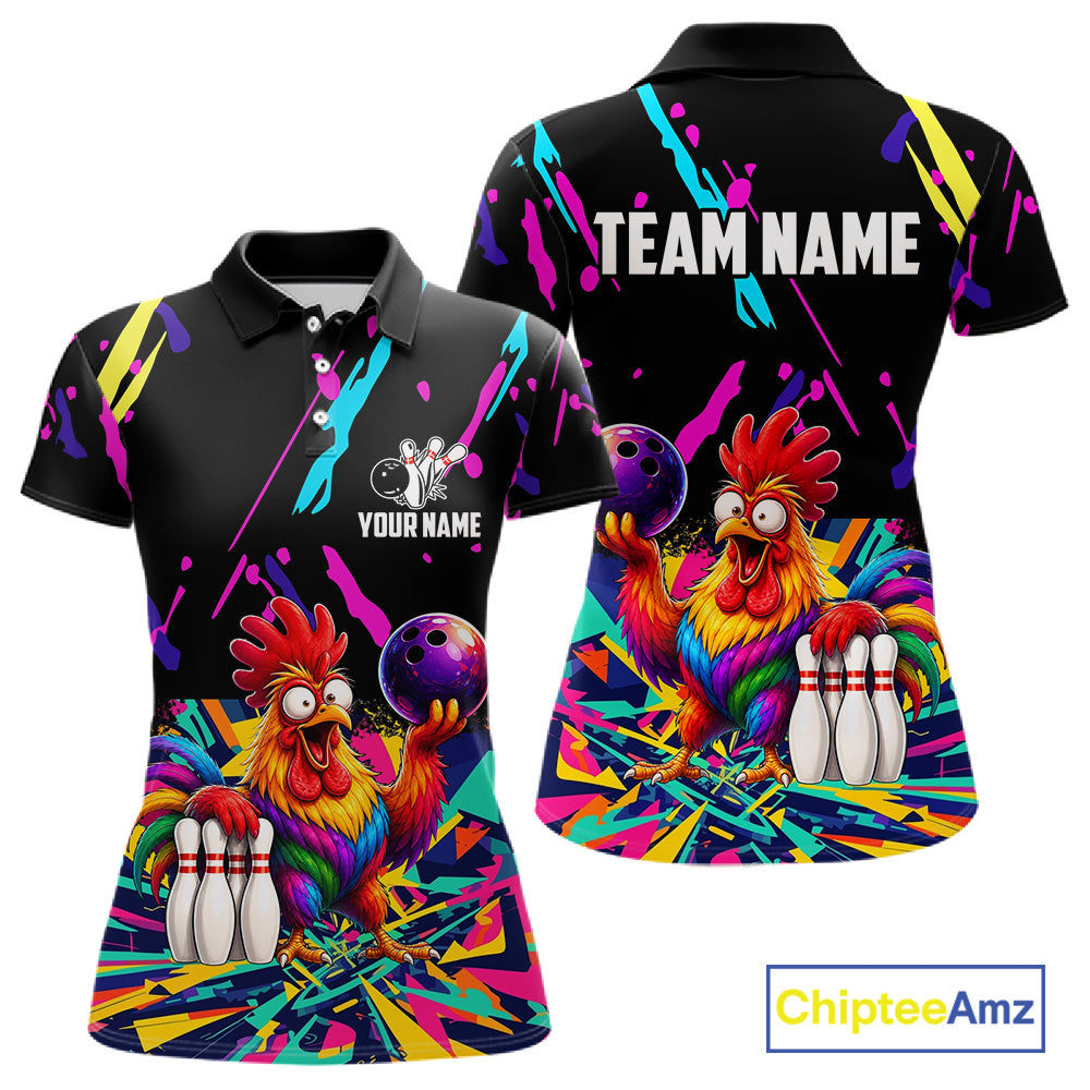 Colorful bowling polo shirt with chicken design and customizable your name & team name