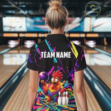 Load image into Gallery viewer, Person wearing a colorful bowling-themed shirt with a chicken design in a bowling alley.