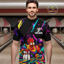 Load image into Gallery viewer, Man wearing a colorful bowling shirt with a chickenn graphic in a bowling alley.