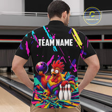 Load image into Gallery viewer, Person wearing a colorful bowling-themed shirt with a rooster design in a bowling alley.
