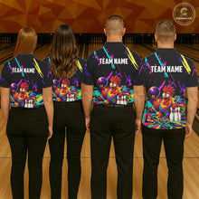 Load image into Gallery viewer, Four people wearing matching shirts with a  chicken graphic and 'TEAM NAME' text on a bowling alley background.