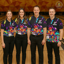 Load image into Gallery viewer, Four people wearing matching bowling-themed shirts with  chicken graphic in a bowling alley.