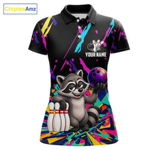 Load image into Gallery viewer, Colorful bowling polo shirt with raccoon design and customizable your name &amp; team name
