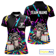 Load image into Gallery viewer, Colorful bowling polo shirt with raccoon design and customizable your name &amp; team name
