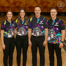 Load image into Gallery viewer, Four people wearing matching bowling-themed shirts with raccoon graphic in a bowling alley.