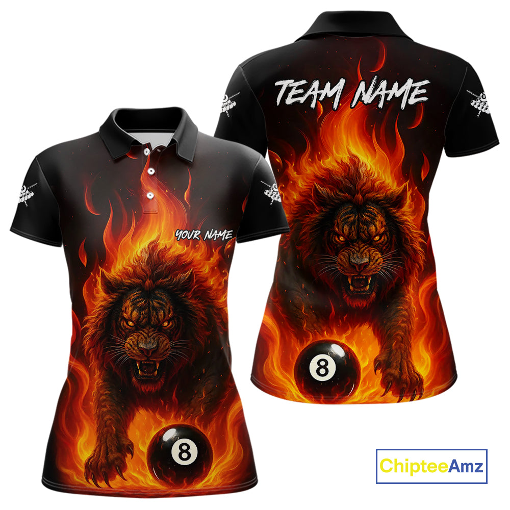 Orange Flaming Lion 8 Ball Billiard Shirts For Women Custom Fire Billiard Team Jersey Polo & 1/4 Zip TDM5305