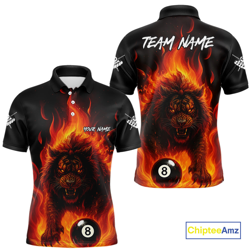 Orange Flaming Lion 8 Ball Billiard Shirts For Men Custom Fire Billiard Team Jersey Polo & 1/4 Zip TDM5305