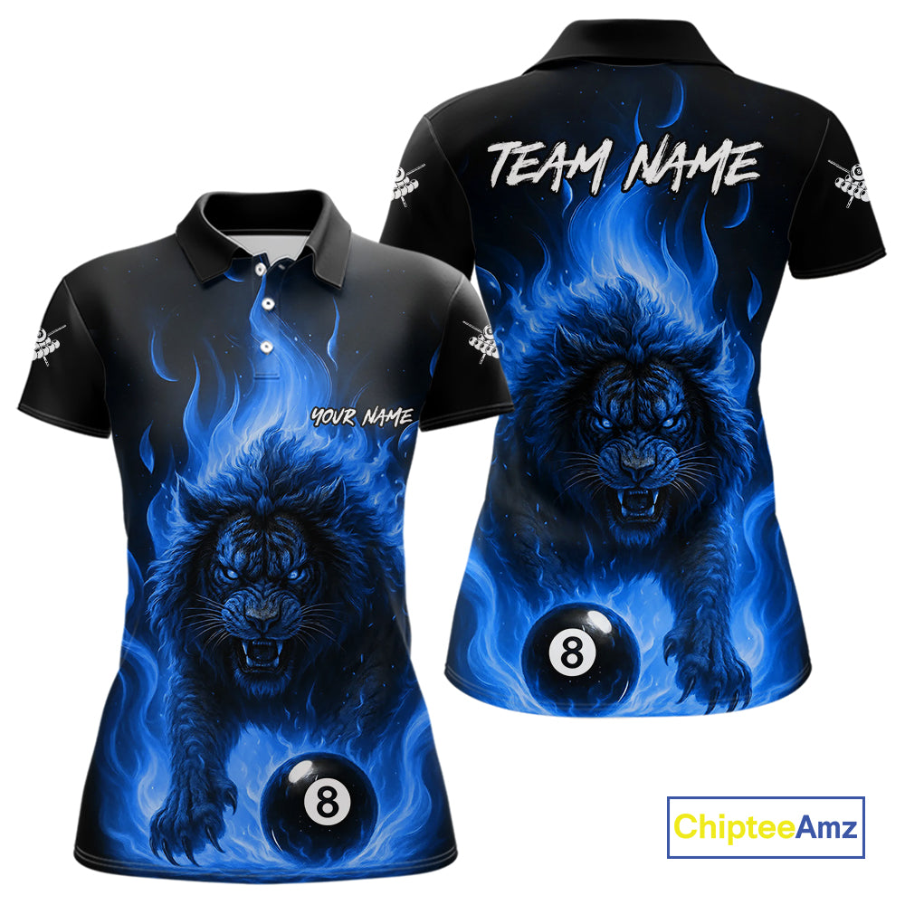 Blue Flaming Lion 8 Ball Billiard Shirts For Women Custom Fire Billiard Team Jersey Polo & 1/4 Zip TDM5306