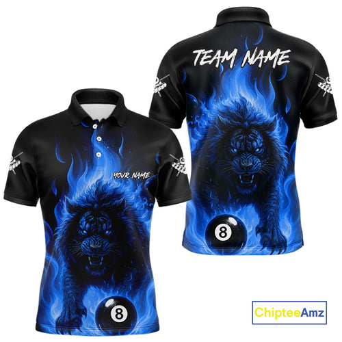 Blue Flaming Lion 8 Ball Billiard Shirts For Men Custom Fire Billiard Team Jersey Polo & 1/4 Zip TDM5306