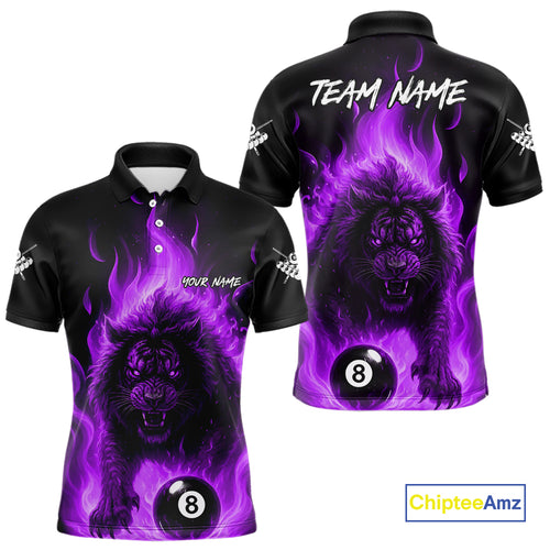 Purple Flaming Lion 8 Ball Billiard Shirts For Men Custom Fire Billiard Team Jersey Polo & 1/4 Zip TDM5307