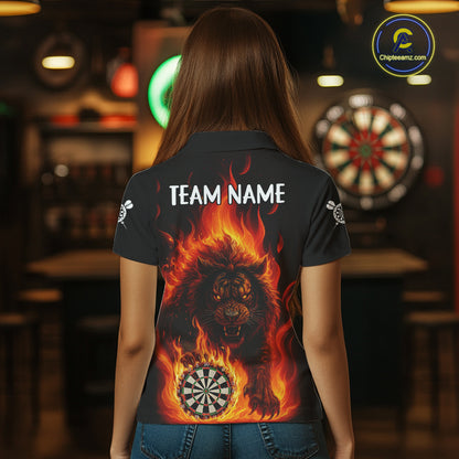 Orange Flaming Lion Darts Shirts For Women Custom Fire Darts League Jersey Team Polo & 1/4 Zip TDM5308