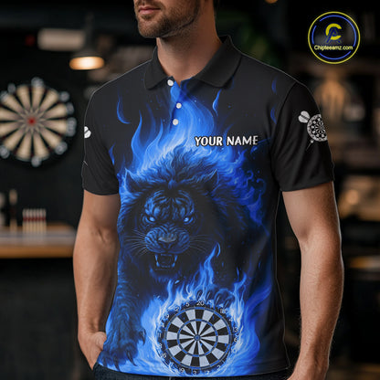 Blue Flaming Lion Darts Shirts For Men Custom Fire Darts League Jersey Team Polo & 1/4 Zip TDM5309