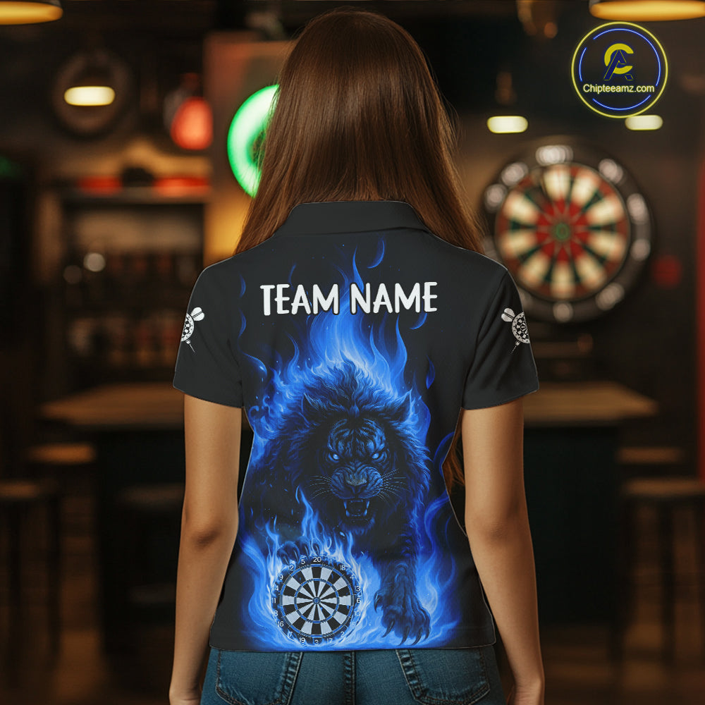 Blue Flaming Lion Darts Shirts For Women Custom Fire Darts League Jersey Team Polo & 1/4 Zip TDM5309