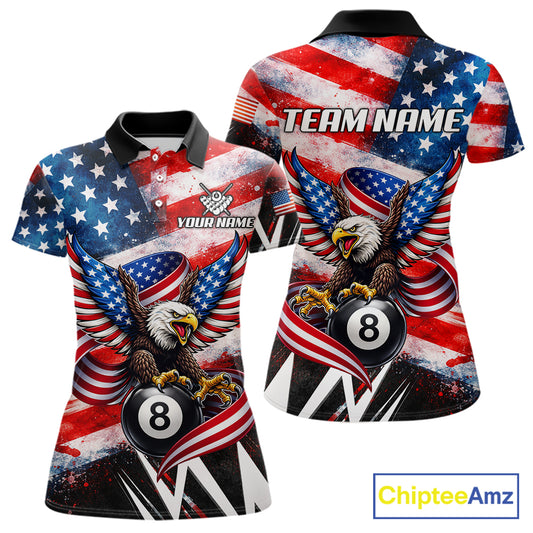 Custom American Flag Eagle Billiard Shirt For Women, Patriotic 8 Ball Pool Team Jersey Polo, 1/4 Zip TDM6181
